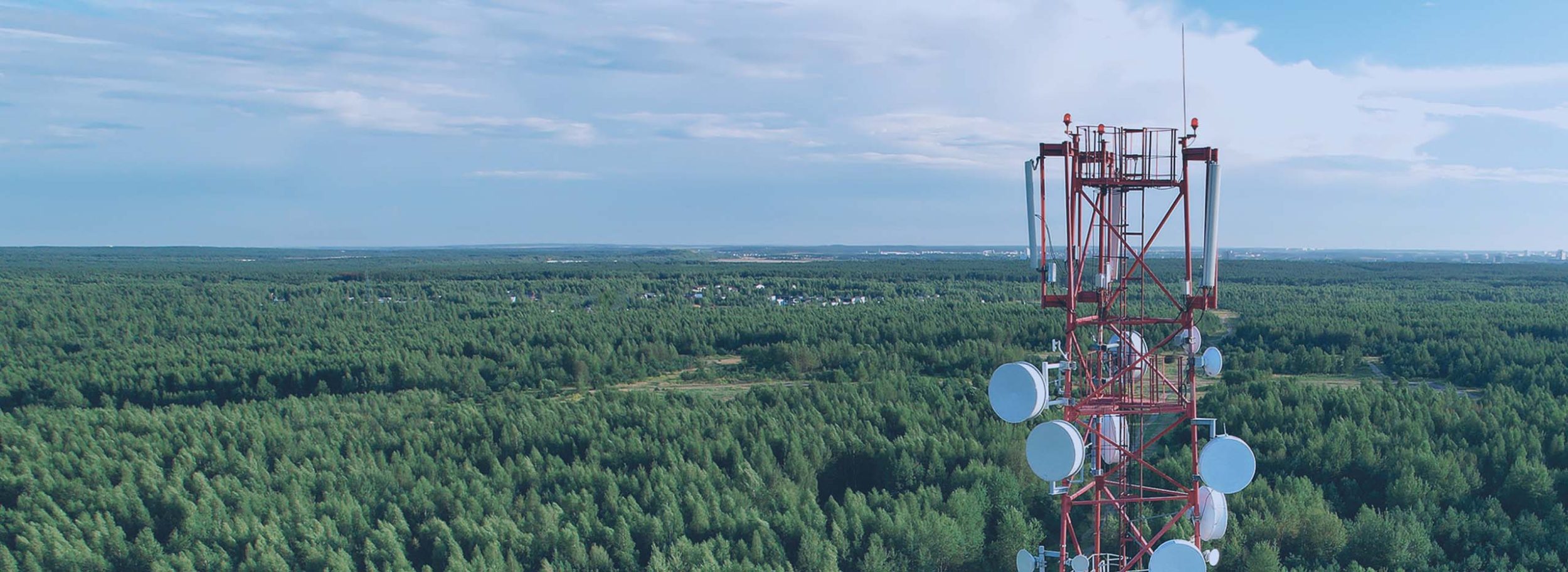 Aerial view of a cellular tower surrounded by dense green forest, showcasing technology amidst nature's landscape.